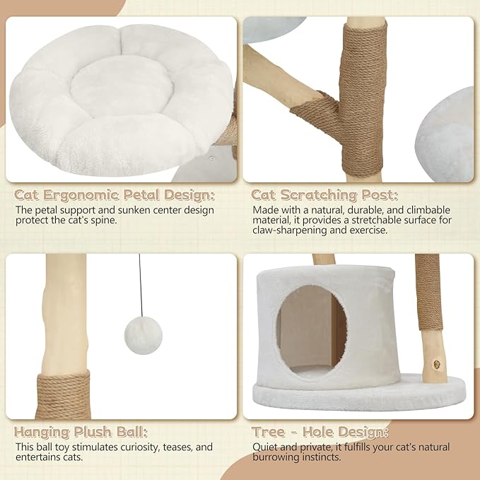Solid Wood Cat Tree Tower, Modern Multi-Level w/ 2 Flower Perches, Scratching Post, Hanging Ball - Luxury Boho Cat Furniture w/Condo & Wicker Basket for Indoor Cats