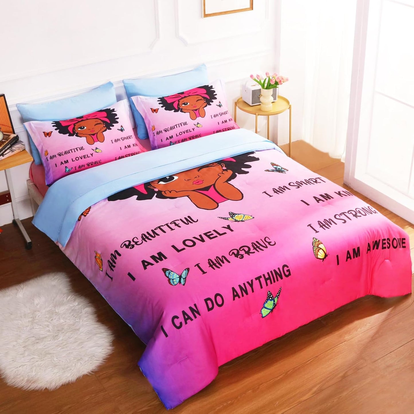 7 Piece Black Girls Magic Comforter Sets Full Size African American Girl Bedding Set Bed in A Bag for Girls Kids Teens Inspirational Quotes Pink Blue Quilts Room Decor