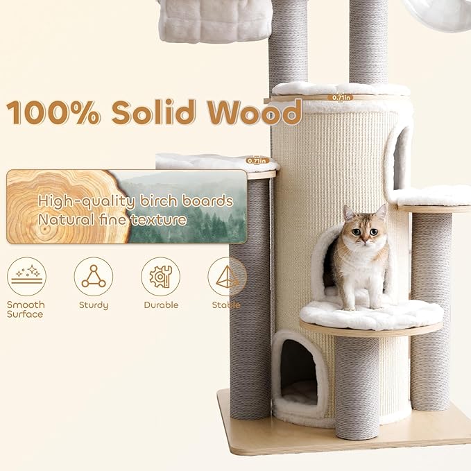 Modern Cat Tree,63'' Multi-Level Cat Tower with 3 Level Sisal Condo,Hammock,Washable Cushions,Tall Heavy Duty Cat Condo with Post,Luxury Wood Cat Tree Tower for Indoor Large Adult Maine Coon
