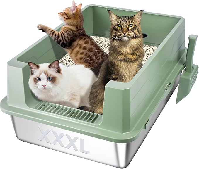 Homegroove XXXL Stainless Steel Litter Box with High Sides, 28"x20"x12" Extra Large Cat Litter Box for Big Cats, Metal Cat Litter Boxes Anti-Urine Leakage, Easy Clean (Green)