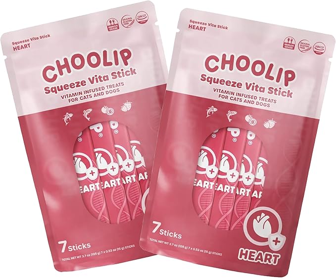 Choolip Squeeze Vita Stick Lickable Cat & Dog Treats – 14 Sticks (2×7 Value Bundle) Heart Support, Creamy Grain-Free Puree with Omega 3, Taurine, L-Carnitine & CoQ10 for Cardiovascular Health & Energy