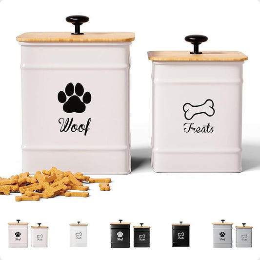 Dog Treat Container Airtight Set of 2 - 8x6 & 7x5 inch Iron Dog Treat Jars for Kitchen Counter with Airtight Bamboo Lids - 20 Cup Capacity Pet Treat Container Set - Doggie Cookie Jar - Treats Canister