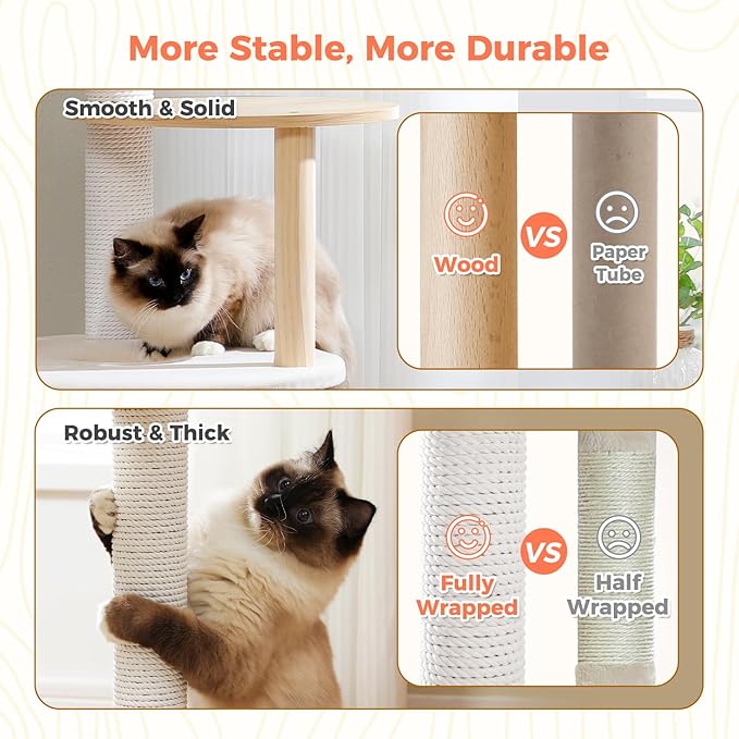 49” Wood Cat Tree Tower for Indoor Cats, 5-Level Modern Cat Tower with Curved Top Perch, Fully Cotton Scratching Posts & Natural Wood Posts, Cat Furniture with Interactive Dangling Ball, Beige