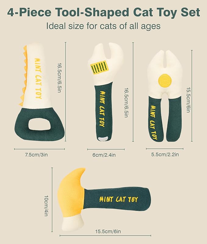 Joytale 4Pcs Tool-Shaped Catnip Toys, Organic Catnip & Crinkle Sound, Soft and Durable, Interactive Chew & Kicker Cat Toys, Exercise and Teething Relief for Indoor Cats & Kittens