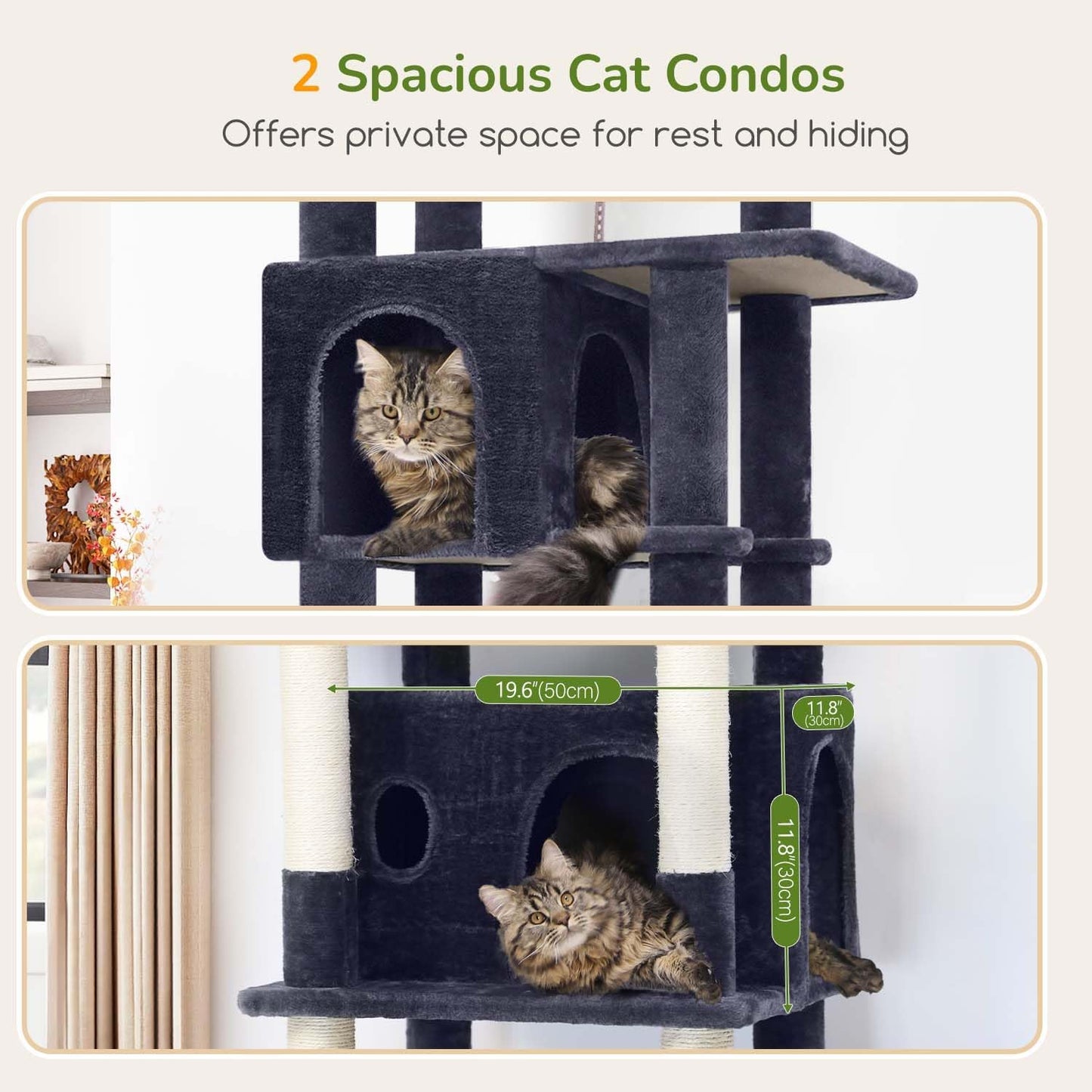 Globlazer Large Cat Tree Tower, Tall Cat Tree Condos for Indoor Cats Large Adult Cat Climbing Tower with 2 Spacious Caves, Oversized Top Perch, Big Hanging Basket, Cat Teaser Wand, F74B, Dark Grey