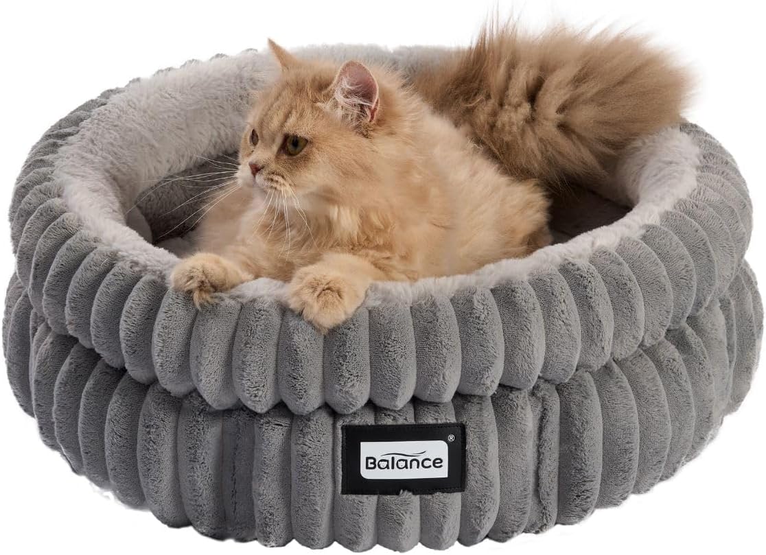 BALANCE Cat Bed Kitten Bed, Washable Round Cat Beds for Indoor Cats, Super Soft Plush Faux Fur Pet Bed for Puppy and Kitten with Anti-Slip Bottom