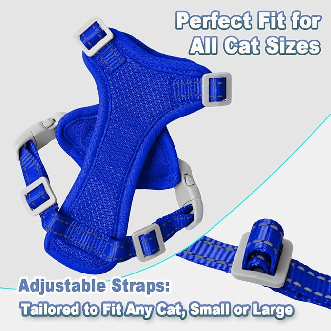 Cat Harness and Leash Set Escape Proof for Kitten Walking, Soft Adjustable Top Handle Vest Harnesses for Cats, Easy Control Breathable Reflective Small Medium Large, Sapphire Blue,XXS
