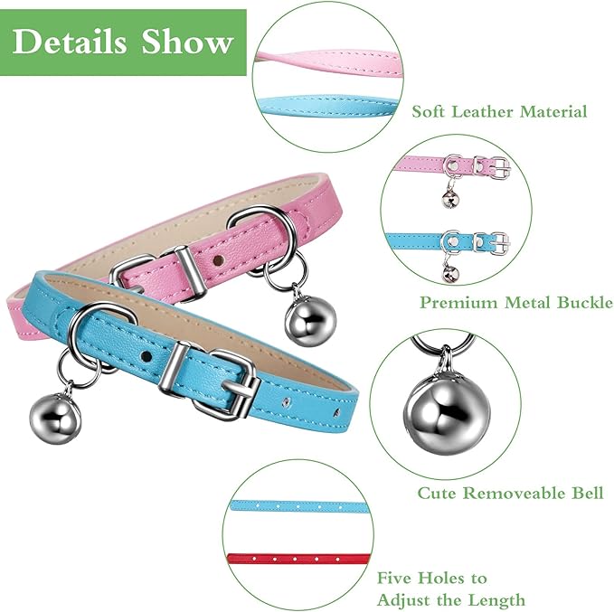 Weewooday 6 Pieces Leather Cat Collar with Bell Cute Pet Leather Kitten Collar for Boy Girl Cats with Safety Elastic Strap for Small Kitten Puppy(Classic Color)