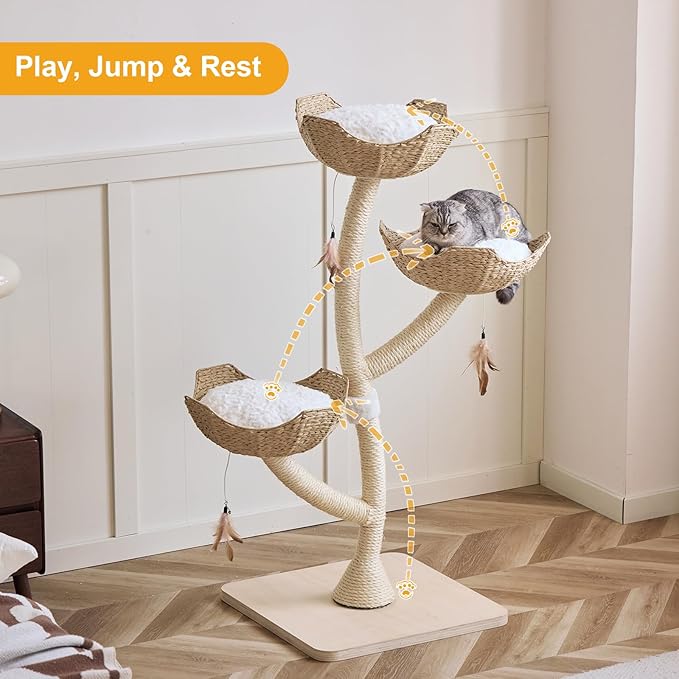 52” Tall Modern Cat Tree Tower for Large Cats| Cat Scratching Posts with Hand Woven Baskets and Mats| Luxury Cat Condo for Multiple Cats | Cat Furniture for Gifts （52” Natural）