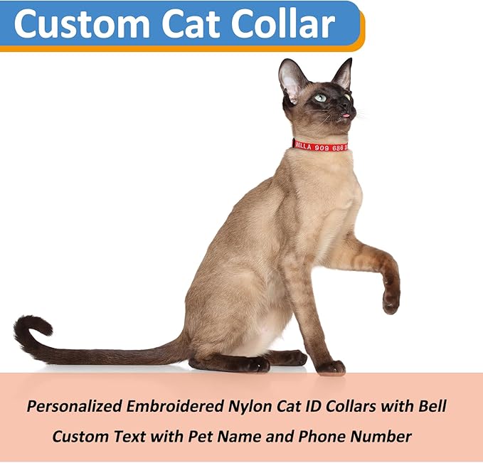 Personalized Cat Collars, Embroidered with Pet Name and Phone Number, Adjustable Nylon Breakaway Safety Release Buckle ID Collar,Custom Text with Bell for Cat or Kitten,Pink