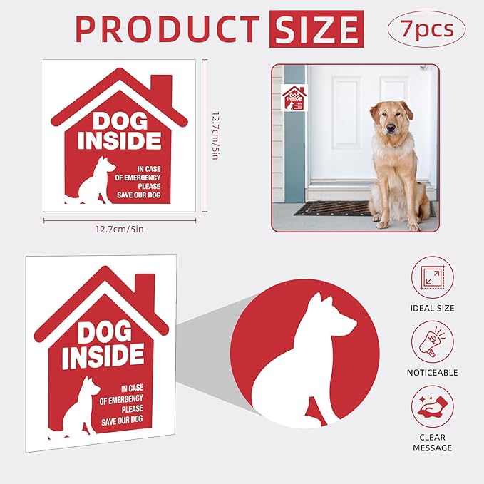 7 Pack Pet Dog Alert Signs Stickers 5x5 Inch Dog Inside Emergency Please Save Our Dog Sign Decal Selignf-Adhesive Vinyl Sign for Ultimate UV, Weather, Scratch, Water and Fade Resistance, Indoor and Outdoor red