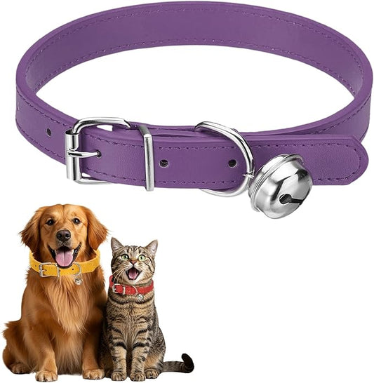 Dog Collar with Bell, Pu Leather Cat Collars Pet Basic Soft Padded Adjustable Buckle, 20" (Purple, 1 Pcs), Intended for Teacup/Little Dog/Kitten Cats/Small Animals