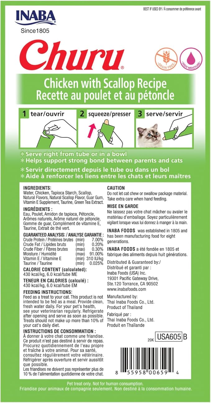 INABA Churu Cat Treats, Grain-Free, Lickable, Squeezable Creamy Purée Cat Treat/Topper with Vitamin E & Taurine, 0.5 Ounces Each Tube, 24 Tubes (4 per Pack), Chicken with Scallop Recipe