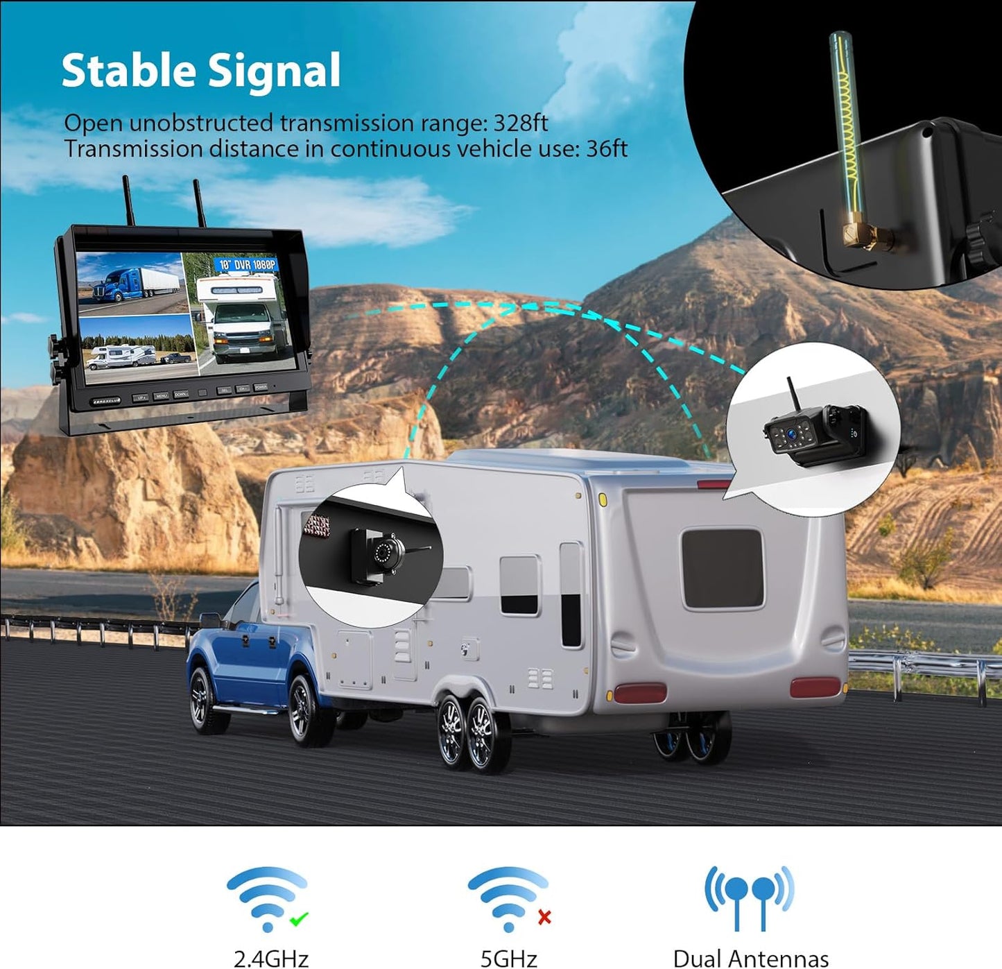 3 Magnetic Wireless Backup Camera with HD 1080P 10" DVR Monitor, 1-Rear View 2-Side View Cameras Wireless System for RV Trailer Trucks, Built-in 9600mAh Battery,Night Vision,Recording- ZEROXCLUB BC103