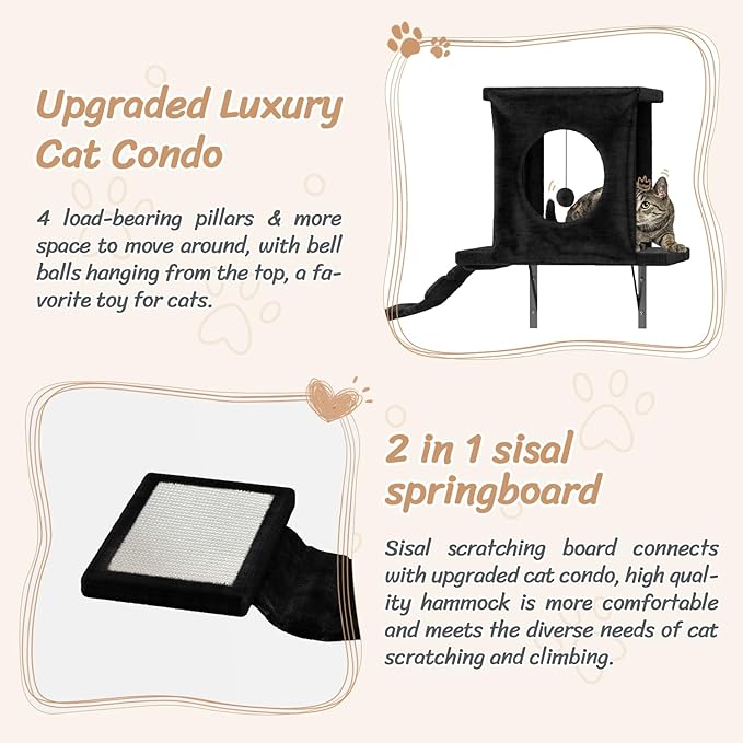 NUNU LAB 14-in-1 Cat Wall Shelves Set, Wall-Mounted Cat Climber with Bridge, Tunnel, House, Scratcher, Steps, Indoor Space-Saving Furniture for Kittens Play, Black