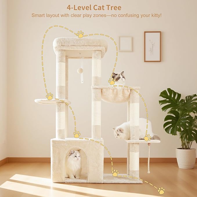Heybly Heavy Duty Cat Tree, Tower for Indoor Cats Large Adult, Tall Cat Condo House with Extra-Large Baseboard, Multi-Level Plush Furniture with Scratching Posts, Hammock,Toy Balls, Beige HCT026M