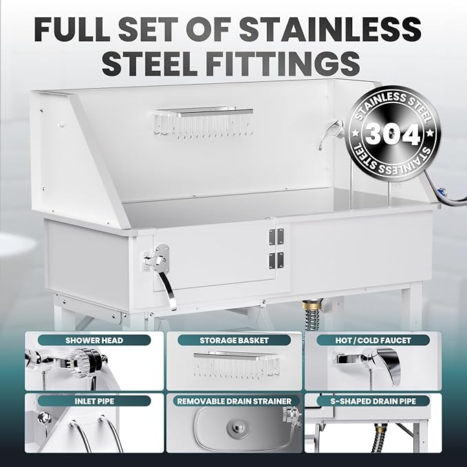 Dog Washing Station for Home, 38" White Professional Stainless Steel Dog Grooming Tub, Height Adjustable Dog Bathing Station, Upgrade Parts, Dog Bath Tubs for Small & Medium Dogs(Left Stair)