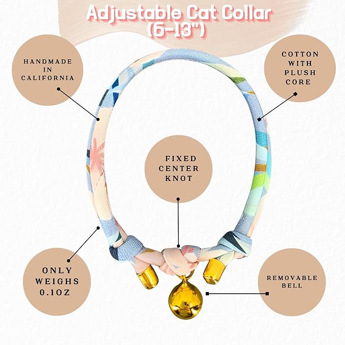 Handmade Cotton Cat Collar with Bell – Adjustable Slip-On Design, No Buckle, Lightweight Rope Collar for Kittens, Indoor Cats, and Small Pets (Dew)