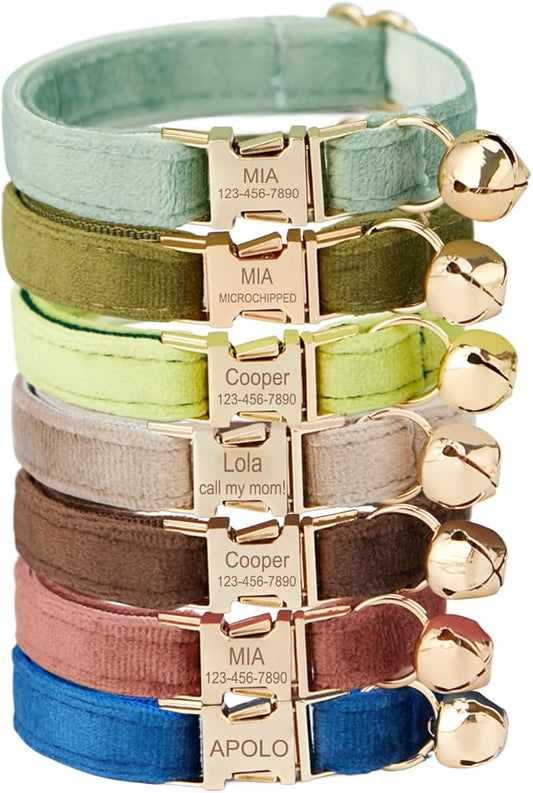 Personalized Cat Collar with Engraved Buckle – Custom Adjustable Kitten Collar with Bell, Choose Buckle Color or Breakaway Safety Design (Velvet)