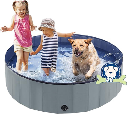 Foldable Dog Bath Swimming Pool Plastic Kiddie Pool Professional Tub Collapsible Grooming Bathtub for Pets Kids Baby and Toddler, 48 x 12 Inches Gray