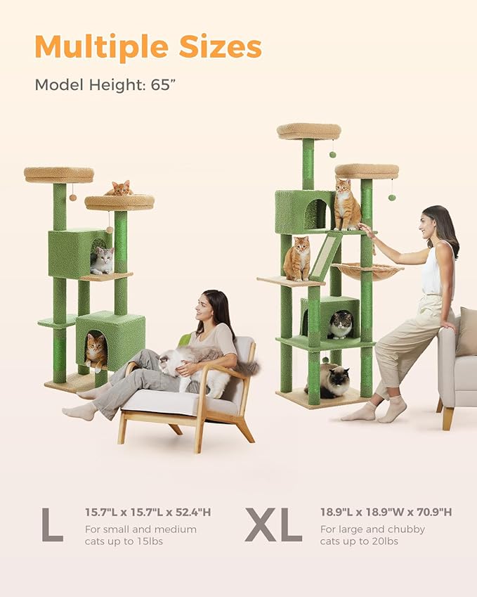 52.4" Cactus Cat Tree, Cute Cat Tower for Indoor Cats with 2 Padded Perches, 2 Cozy Condos & Sisal Scratching Posts, Green