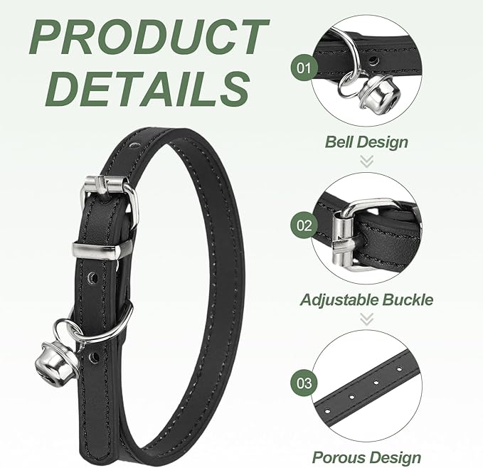 Dog Collar with Bell, Pu Leather Cat Collars Pet Basic Soft Padded Adjustable Buckle, 12" (Black, 1 Pcs), Intended for Teacup/Little Dog/Kitten Cats/Small Animals