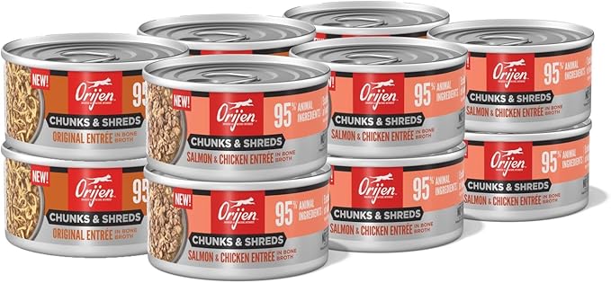 ORIJEN Chunks & Shreds Wet Cat Food Variety Pack: Original + Salmon & Chicken Entrées 3oz Cans (12 Count, 6 of Each)