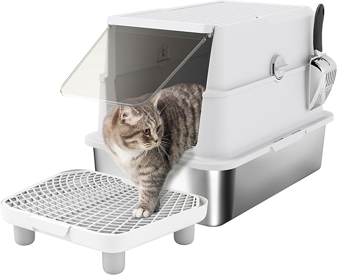 PawHut XL Stainless Steel Cat Litter Box with Lid, Extra Large Enclosed Metal Litter Box for Big Cats with Scoop, Flip Top, Easy Clean & No Odors, Non-Sticky