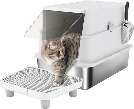 PawHut XL Stainless Steel Cat Litter Box with Lid, Extra Large Enclosed Metal Litter Box for Big Cats with Scoop, Flip Top, Easy Clean & No Odors, Non-Sticky