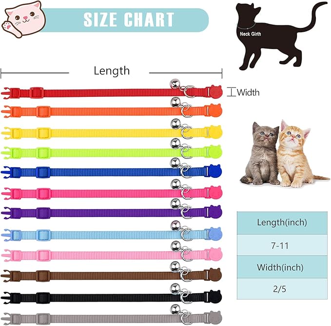 12 PCS Breakaway Cat Collars with Bell Colorful Soft Safety Buckle Cat Collars Adjustable Breakaway Kitten Collars Safety Collars for Cats (12 Colors)