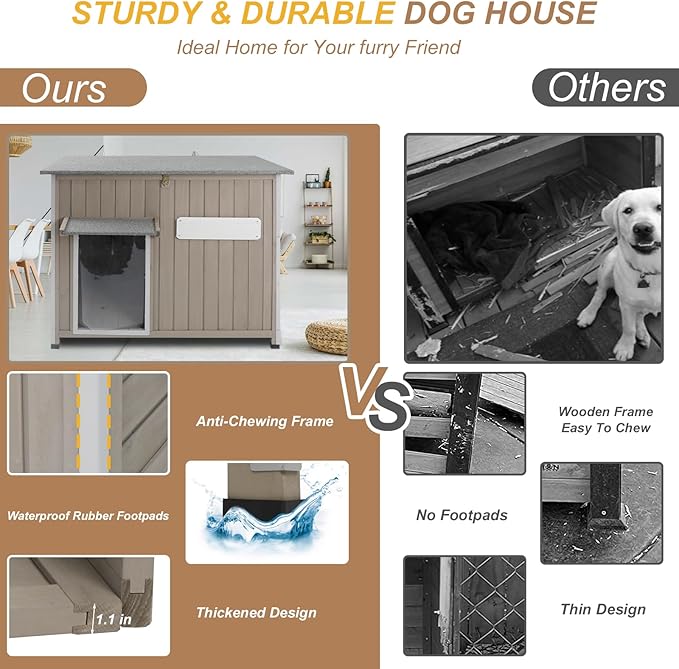 Weatherproof Outdoor Dog House, Wooden Puppy Shelter with Anti-Chewing Iron Frame and Elevated Floor, Sturdy Dog Kennel for Small, Medium & Large Dogs, Grey (Gray, 40" L x 26" W x 31" H)