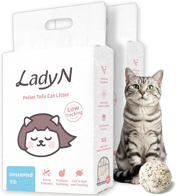 Lady N Pellet Tofu Cat Litter, Strong Clumping Ultra Absorbent, Dust-Free Low Tracking, Enviro-probiotic and Activated Carbon for Odor Control 18lb (2 Packs Unscented)