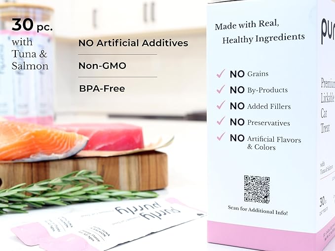 Purrly Squeezable Cat Treats Wet Healthy Interactive Hydrating Human-Grade Tuna & Salmon with Omega-3 & 6 for Skin & Coat (30 Count) Lickable Healthy Creamy Puree