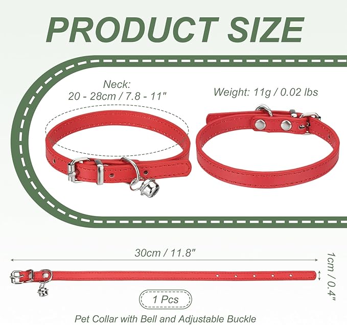 Dog Collar with Bell, Pu Leather Cat Collars Pet Basic Soft Padded Adjustable Buckle, 12" (Red, 1 Pcs), Intended for Teacup/Little Dog/Kitten Cats/Small Animals