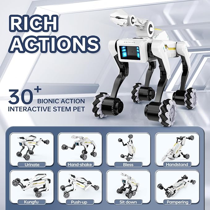 3 in 1 Robot Dog with Wheels Kit, 30+ Bionic Actions, Voice & Remote Control, Programmable Moves, Rechargeable Battery, All-Terrain Stunt Pet Toy for Kids(Removable Claw & Cannon)