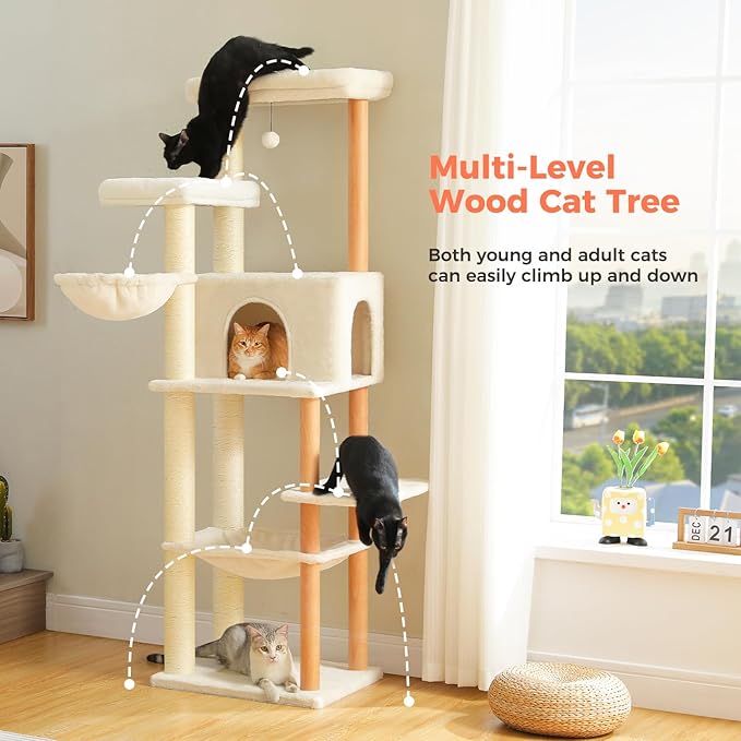 73" Tall Cat Tree for Large Cats, Wooden Cat Tower with Fully Sisal Covered Scratching Posts and Solid Wood Posts, Modern Cat Furniture with 2 Spacious Perch and Cozy Condo Beige