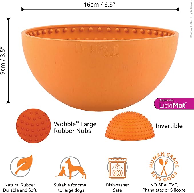 LickiMat Wobble, Dog Slow Feeder Bowl Lick Mat, Boredom Anxiety Reducer; Perfect for Food, Treats, Yogurt, or Peanut Butter. Fun Alternative to a Slow Feed Dog Bowl, Orange