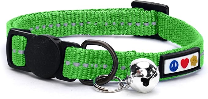 Pawtitas Recycled Green Reflective Cat Collar – Eco-Friendly Breakaway Safety Buckle, Adjustable Kitten & Adult Collar with Removable Bell and High-Visibility Strap