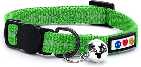 Pawtitas Recycled Green Reflective Cat Collar – Eco-Friendly Breakaway Safety Buckle, Adjustable Kitten & Adult Collar with Removable Bell and High-Visibility Strap