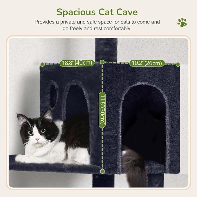 Globlazer Cat Tree Tower with Scratching Post for Indoor Cats, 53inch Tall Plush Multi-Level Cat Climbing Tower Condo House with Large Hammock, Spacious Cat Condo, Big Padded Top Perch, F53, Dark Gray