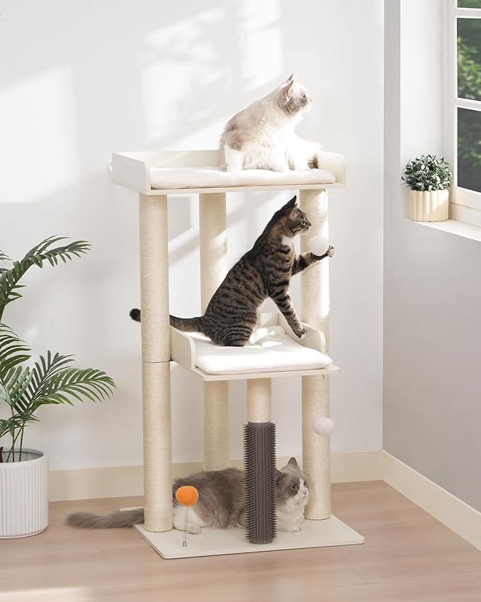 FourFurPets 43.7" Cat Tree, Modern Cat Tree Tower, Cat Tower for Indoor Cats Large Adult, Cat Condo with Scratching Post, Large Perch and Removable Pads, White