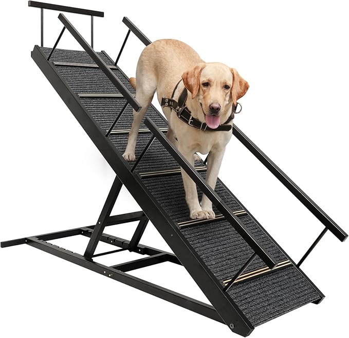 Pet Ramp Folding Portable Wooden Dog & Cat Ramps for Couch or Bed, Including Non Slip Mat & Safety Side Rails, 64.2 Inch Long and Height Adjustable from 13.4 Inch to 38 Inch Up to 110 Lbs