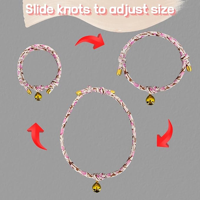 Handmade Cotton Spring Cat Collar with Bell – Adjustable Slip-On Design, No Buckle, Lightweight Rope Collar for Kittens, Indoor Cats, and Small Pets (Leaf-Pink)