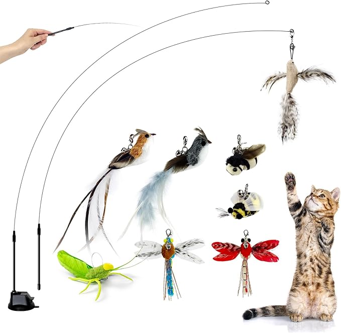 TTcat Cat Feather Toys Suction Cup,2 Cat Wands,8Pcs Birds and Insects Dragonfly Grasshopper Simulation Feather Refills with Bells, Interactive Toys for Indoor Cats and Kitten.