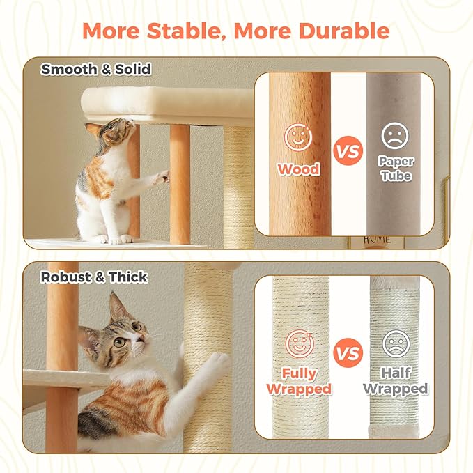 53" Modern Cat Tree for Large Cats, Wooden Cat Tower with Fully Sisal Covered Scratching Posts and Solid Wood Posts, Cat Furniture with Spacious Perch and Cozy Condo Beige