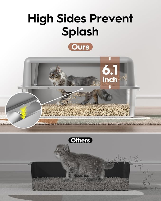 Stainless Steel Cat Litter Box, Extra Large Enclosed Litter Boxs for Big Cats, XL Metal Cat Litter Box with Lid, High Sided, Non Stick, No Smell, Easy to Clean, Included Scoop