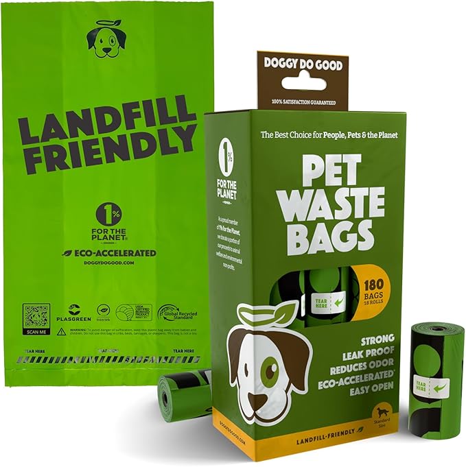 Doggy Do Good Landfill-Friendly Poop Bags | Dog Waste Bags Made with 50% Recycled Plastic + 15% Biobased Material | Unscented, Thick, Leak-Proof, Easy Open | Standard Size | 180 Count