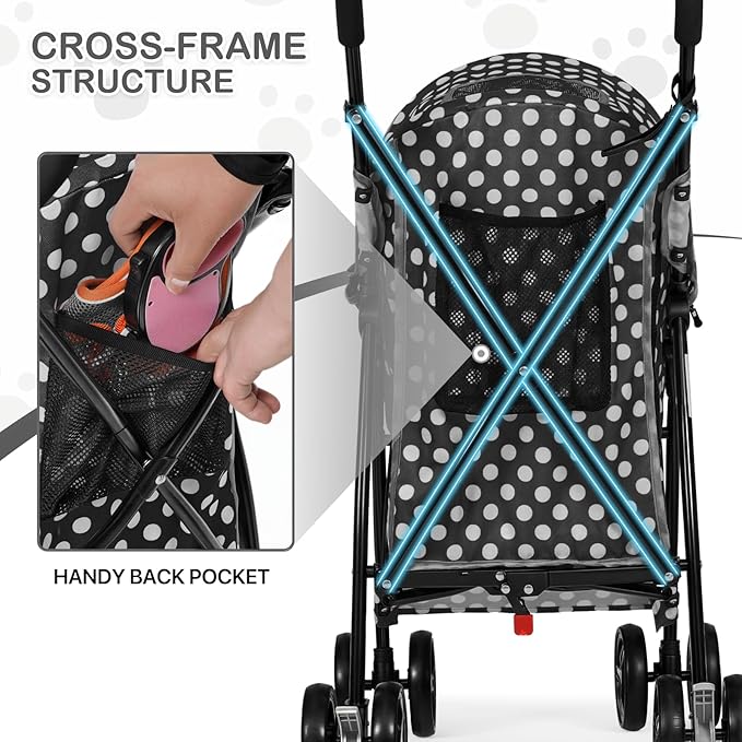 MoNiBloom 4 Wheels Pet Stroller, Easy-Fold Umbrella Shaped Dog Cat Jogger Stroller w/Storage Bag & Visible Mesh for Small/Medium Dogs Cats Black Polka Dots