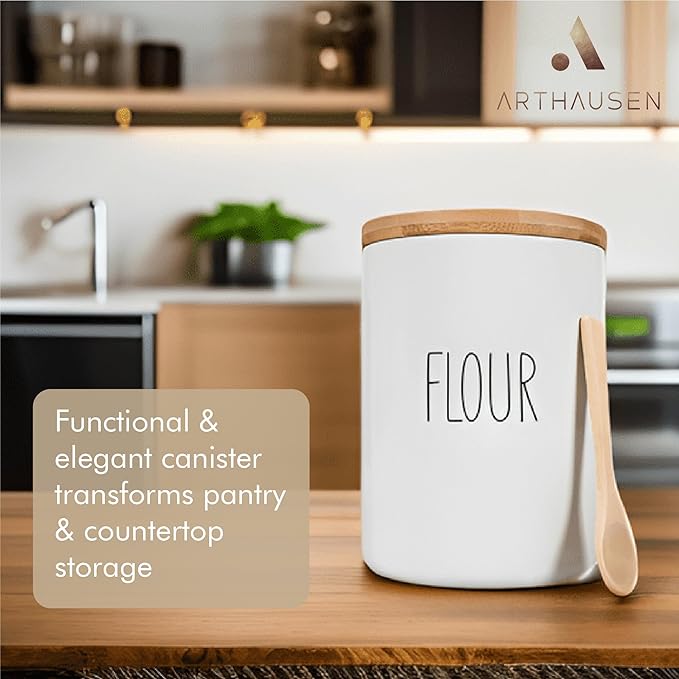 Arthausen Flour Ceramic Storage 4 Cup / 1080mL Container w/Bamboo Lid Silicone Seal & Spoon, Modern Abstract Art Design for Flour Coffee Spice Airtight Storage on Kitchen Counter Bathroom Organizer