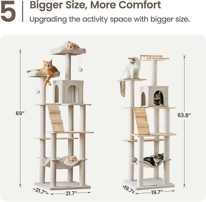 MWPO Large Modern Cat Tree, 70.1-Inch Wood Cat Tower for Indoor Cats, Multi-Level Tall Cat Condo with 2 Padded Perches, Hammock, Scratching Posts, Dangling Toys, Beige